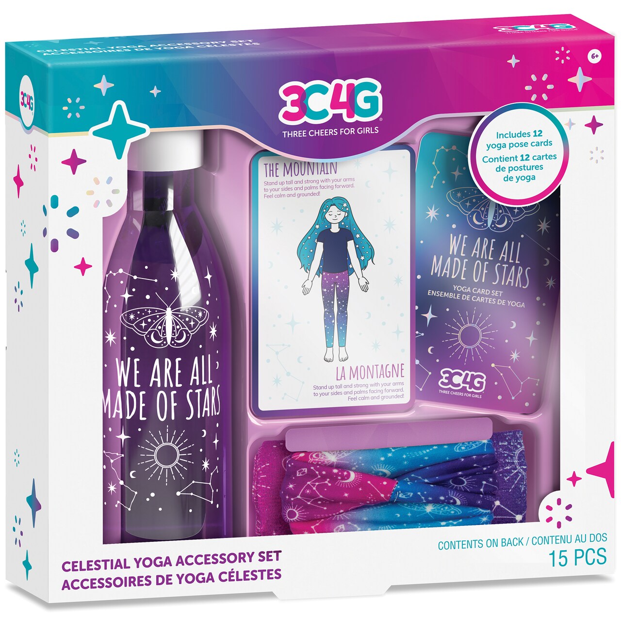 3C4G: Celestial Yoga Accessory Set - Make It Real, Teens Tweens & Girls, Includes Yoga Headband, Water Bottle, Hand Towel & 12 Yoga Cards To Learn Poses For Fitness & Relaxation, Three Cheers For Girls, Ages 6+